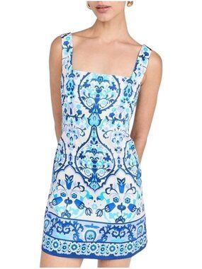 Cara Cara Anna Mini Dress Women's 6 US Damask Blue‎ Square Neck Poplin